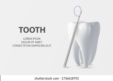 Dental Inspection Banner, Plackard. Vector 3d Realistic Dentist Mirror for Teeth with Tooth Icon Closeup on White Background. Medical Dentist Tool. Design Template. Dental Health Concept