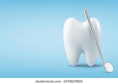 Anuncio de inspección dental, cartel. Vector 3d Realista Dentista Espejo para los dientes con el icono del diente en primer plano sobre fondo azul. Herramienta de dentista médico. Plantilla de diseño. Concepto de salud dental