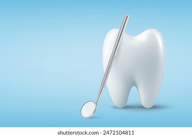 Anuncio de inspección dental, cartel. Vector 3d Realista Dentista Espejo para los dientes con el icono del diente en primer plano sobre fondo azul. Herramienta de dentista médico. Plantilla de diseño. Concepto de salud dental