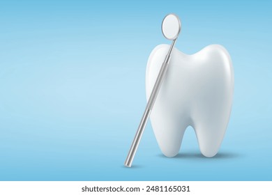 Dental Inspection Banner, Poster. Vector 3d Realistic Dentist Mirror for Teeth with Tooth Icon Closeup on Blue Background. Medical Dentist Tool. Design Template. Dental Health Concept