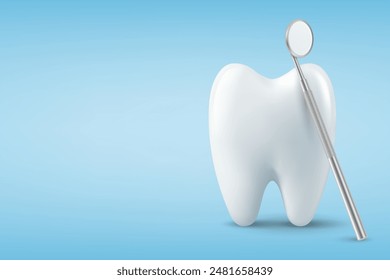 Dental Inspection Banner, Poster. Vector 3d Realistic Dentist Mirror for Teeth with Tooth Icon Closeup on Blue Background. Medical Dentist Tool. Design Template. Dental Health Concept