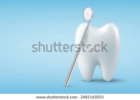 Dental Inspection Banner, Poster. Vector 3d Realistic Dentist Mirror for Teeth with Tooth Icon Closeup on Blue Background. Medical Dentist Tool. Design Template. Dental Health Concept