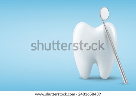 Dental Inspection Banner, Poster. Vector 3d Realistic Dentist Mirror for Teeth with Tooth Icon Closeup on Blue Background. Medical Dentist Tool. Design Template. Dental Health Concept