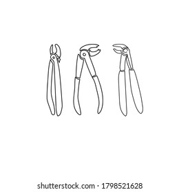 dental instrument set dental extraction forceps, outline vector illustration of dentist equipment