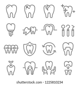 Dental Instrument Vector Line Icon Set. Contains such Icons as Tooth, Ingrown, Implant, Protect, Nerve, Orthodontic and more.