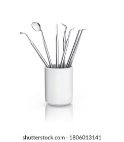 Dental instruments in ceramic cup with reflection vector illustration