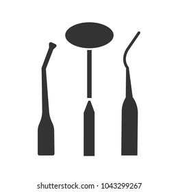 Dental instruments glyph icon. Silhouette symbol. Mouth mirror, dental probe and dentist's excavator. Negative space. Vector isolated illustration