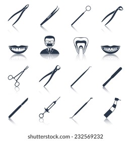 Dental instruments icons set black with health care stomatology accessory isolated vector illustration