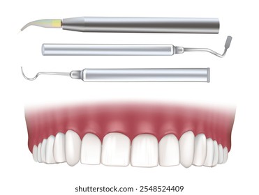 Dental instruments and Laser dentistry . Realistic illustration Render of upper teeth. Dental anatomy.