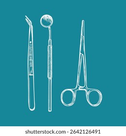 Dental instruments set. Stomatology, dentistry, oral hygiene, healthcare. Hand drawn vector line sketch illustrations. Outline engraving doodle clipart