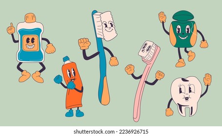 Dental instruments and teeth hygiene items  in retro cartoon style illustration, vintage character vector illustration isolated on white background. Toothpaste, brush, floss, mouthwash, tooth