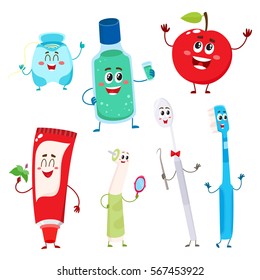 Dental instruments and teeth hygiene items and funny characters, cartoon vector illustration isolated on white background. Toothpaste, brush, floss, mouthwash, dental instrument and apple characters