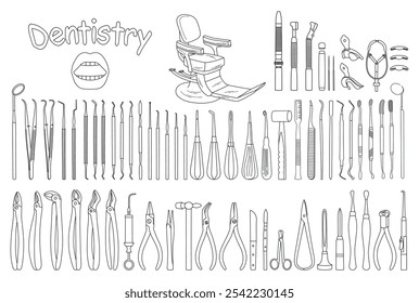 Instrumentos dentales, herramientas, aparatos, equipo, bosquejo, conjunto