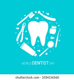 Dental instruments with tooth in circle shape. 6 March, World Dentist Day Campaign. Vector Illustration isolated on blue background. Great for greeting card, poster and banner
