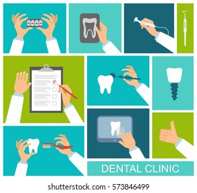 Dental instruments, toothbrush, x-ray of the tooth in the hands of the dentist. Flat design vector illustration