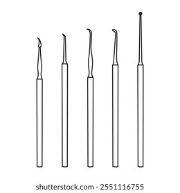 Instrumentos dentales para el tratamiento de la piorrea alveolar, excavadora, gancho, cureta, cuchillo de esmalte, boceto de silueta de herramienta de dentista