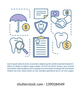Dental insurance article page vector template. Health care guarantee. Brochure, magazine, booklet design element with linear icons and text boxes. Print design. Concept illustrations with text space
