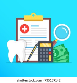Dental Insurance, Dental Care Concept. Dental Insurance Form, Tooth, Calculator, Pen, Money, Magnifier Flat Design Graphic Elements, Flat Icons Set For Web Banners, Websites, Etc. Vector Illustration