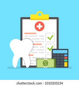 Dental insurance, dental care concept. Medical clipboard. Vector illustration.