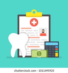 Dental insurance, dental care concept. Medical clipboard. Vector illustration.