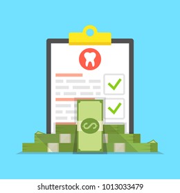 Dental insurance, dental care concept. Medical clipboard. Vector illustration.