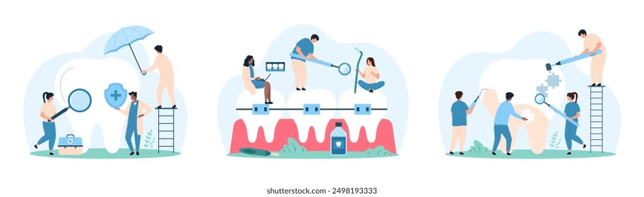 Dental insurance and care, orthodontic treatment in clinic set. Tiny people protect tooth with shield and umbrella, check teeth health and clean plaque on white enamel cartoon vector illustration