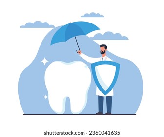 Zahnärztin bedeckt den großen weißen Zahn mit einem Regenschirm. Zahnschutz. Gesundheitskosten und medizinische Kosten. Medizinischer Dienst. Vektorgrafik-Wohnung, einzelne Illustration