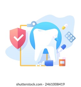 Concepto de seguro dental. El escudo cubre el diente blanco grande de los problemas con un paraguas. Protección dental. Sanidad y costes médicos. Servicio de medicina. Vector de dibujos animados ilustración aislada plana