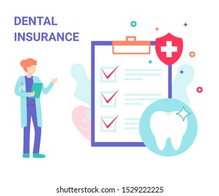 Dental insurance. Doctor dentist woman with clipboard checklist and protected teeth. Illustration for web page, banner, poster, template, layout. Flat modern vector concept illustration.