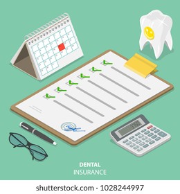 Dental insurance flat isometric vector concept. Signed policy is lying surrounded by the corresponding attributes.