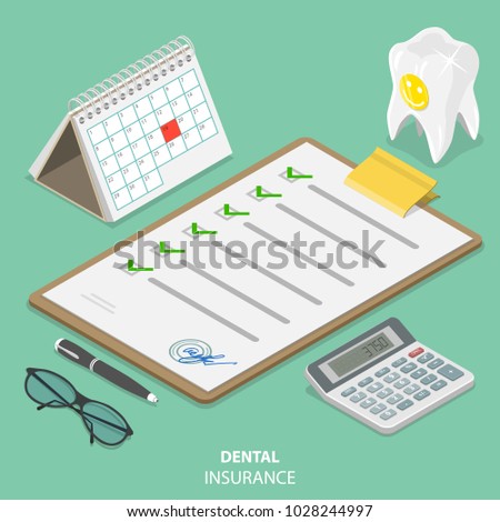 Dental insurance flat isometric vector concept. Signed policy is lying surrounded by the corresponding attributes.