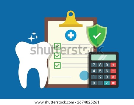 Dental insurance flat vector illustration isolated on blue background. Dental care concept