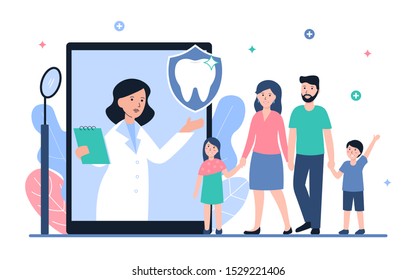 Dental insurance and healthcare flat vector concept. Doctor dentist woman online and happy healthy family with children. Illustration for web page, banner, poster, template, layout.