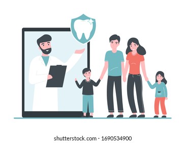 Dental insurance and healthcare flat vector concept. Doctor dentist man online and happy healthy family with children. Flat vector Illustration for web page, banner, poster, template, layout.