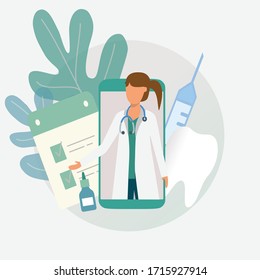 Dental insurance and healthcare flat vector concept.  Doctor dentist woman online.  Illustration for web page, banner, poster, template, layout.