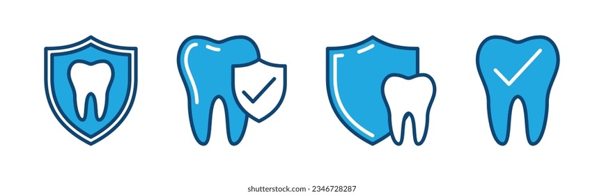 Dental insurance icon set. Tooth with shield and check mark symbol. Vector illustration 