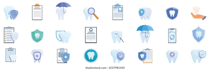 Ícones de seguro dentário definidos. Conjunto de ícones de seguro dental simbolizando proteção, cuidado e saúde para dentes, enfatizando a importância da higiene oral e medidas preventivas