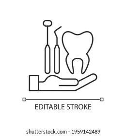 Dental insurance linear icon. Dental care. Healthy teeth. Checkups for dental disorder prevention. Thin line customizable illustration. Contour symbol. Vector isolated outline drawing. Editable stroke