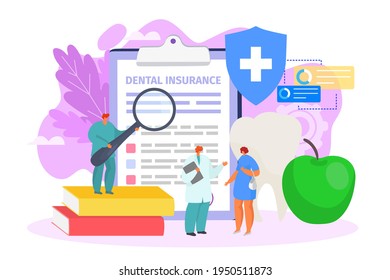 Dental insurance, medical document for people health care, vector illustration. Medicine protection service, doctor character near policy form.