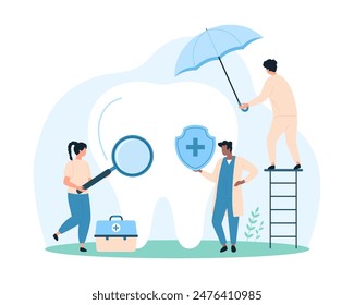 Dental insurance, oral and teeth health inspection by dentists. Tiny people holding shield, umbrella and magnifying glass to check tooth trouble and protect enamel cartoon vector illustration