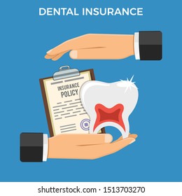 Dental Insurance Service Concept. dental care  with flat icons hand holds Insurance Policy, tooth and hand protects them. Isolated vector illustration