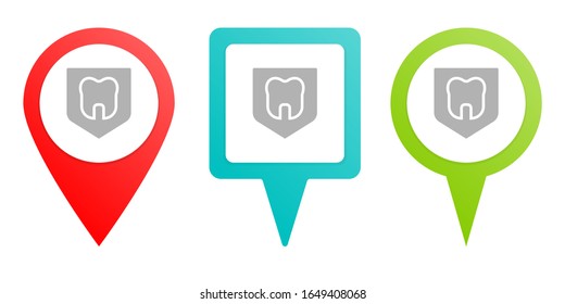 Dental, insurance, shield, tooth. Multicolor pin vector icon, diferent type map and navigation point.