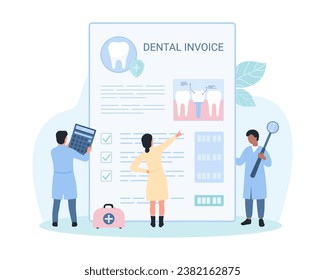 Dental insurance for tooth care, bill cost coverage vector illustration. Cartoon tiny people with magnifying glass and calculator study checklist form for treatment, orthodontic service for implant