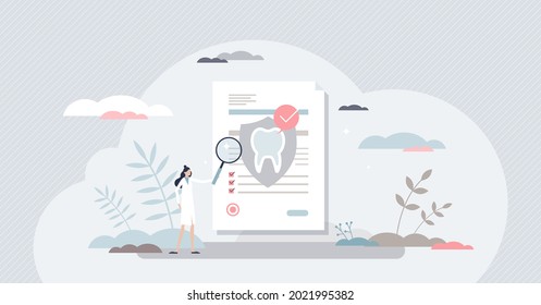 Dental Insurance For Tooth Procedure Bill Cost Coverage Tiny Person Concept. Stomatology Hygiene And Care Document With Diagnosis And Price Form Vector Illustration. Financial Security For Dentist.