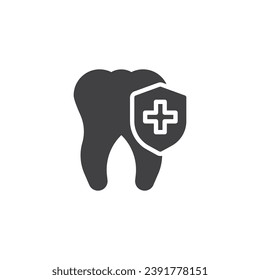 Dental insurance vector icon. Tooth and medical shield cross filled flat sign for mobile concept and web design. Dental Care glyph icon. Symbol, logo illustration. Vector graphics