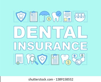 Dental insurance word concepts banner. Medical agreement. Tooth therapy bill. Cost savings. Presentation, website. Isolated lettering typography idea with linear icons. Vector outline illustration