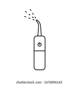 Dental irrigator icon. Line art logo of electric device for home use with water stream. Black simple illustration of oral care, brush teeth. Contour isolated vector image on white background