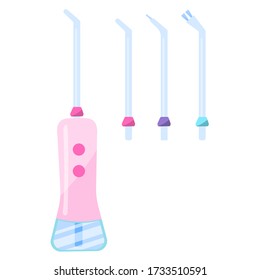 The dental irrigator is isolated on a white background. Electric device for oral cavity hygiene in the home using the flow of water. Vector illustration in flat style. Tools for beauty and health.