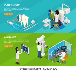 Dental isometric horizontal banners with doctors patients instruments and medical cure of teeth vector illustration