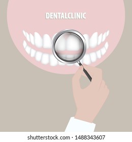 Dental jaw. Doctor's hand with a magnifying glass. - vector. Tooth protection. Dentist icon.